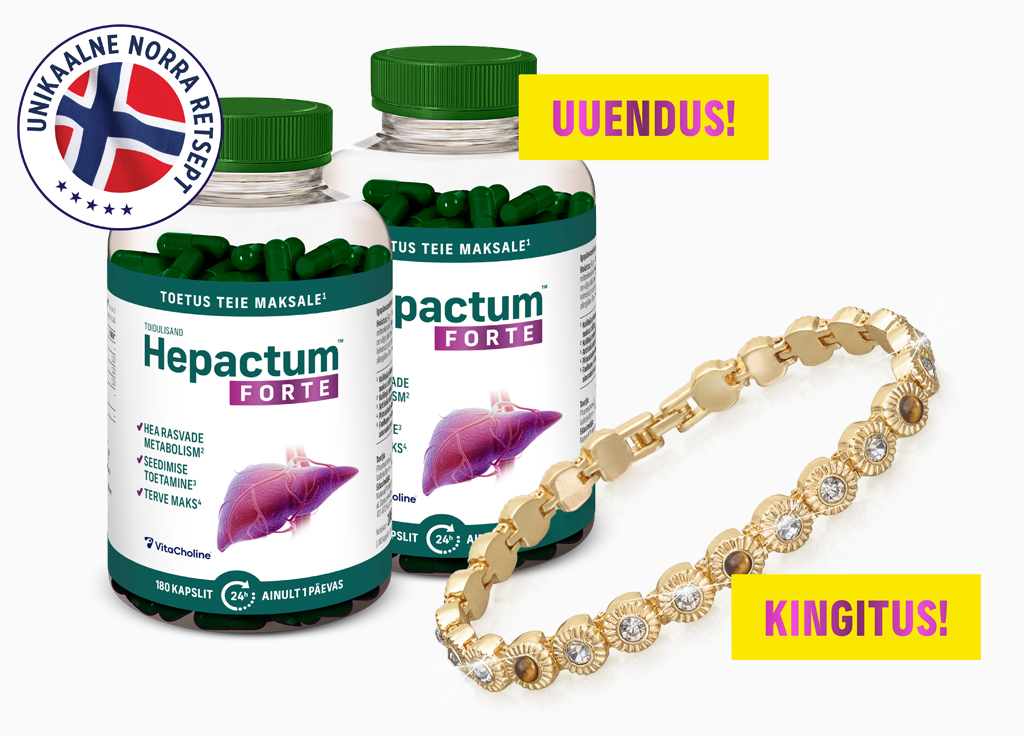 Natural Pharmaceuticals Hepactum FORTE Kaks pakendit Hepactum Forte toidulisandit Norra retseptiga. Kõrval on kuldne kristallidega käevõru – kingitus. Kollastel väljadel on kirjad: „UUENDUS!” ja „KINGITUS!”.
